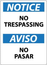 NMC - "Notice - No Trespassing", 14" Long x 10" Wide, Aluminum Safety Sign - Rectangle, 0.04" Thick, Use for Security & Admittance - Americas Industrial Supply