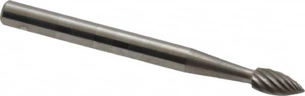 SGS Pro - 1/8" Cut Diam, 1/8" Shank Diam, Flame Head Single Cut Burr - Carbide, Radius End, 1/4" LOC, 1-1/2" OAL - Americas Industrial Supply