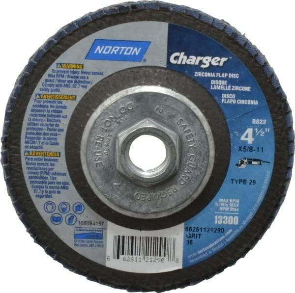 Norton - 36 Grit, 4-1/2" Disc Diam, 5/8-11 Center Hole, Type 29 Zirconia Alumina Flap Disc - 13,000 Max RPM, Fiberglass Backing, Arbor Attaching System, Coated - Americas Industrial Supply