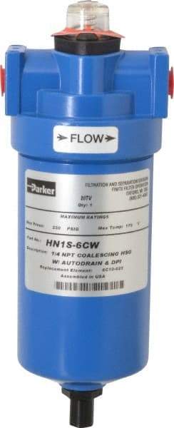 Parker - 1/4" Port, 8.8" High x 3.11" Wide, FRL Filter with Aluminum Bowl & Manual Drain - 15 SCFM, 250 Max psi, 175°F Max - Americas Industrial Supply