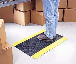 Wearwell - 5' Long x 3' Wide, Dry Environment, Anti-Fatigue Matting - Black with Yellow Borders, Vinyl with Vinyl Sponge Base, Beveled on 4 Sides - Americas Industrial Supply