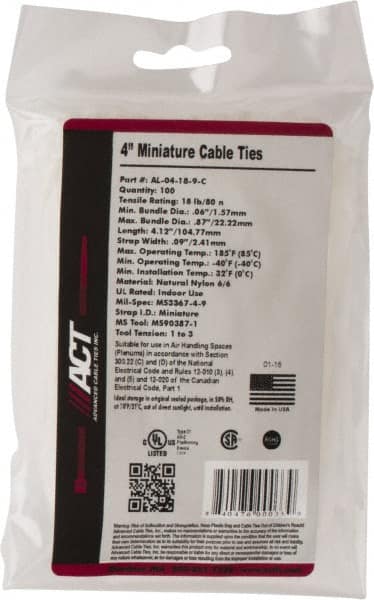 Made in USA - 4-1/8" Long Natural (Color) Nylon Standard Cable Tie - 18 Lb Tensile Strength, 1.07mm Thick, 22.23mm Max Bundle Diam - Americas Industrial Supply