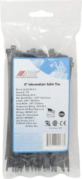 Made in USA - 5.84" Long Black Nylon Standard Cable Tie - 40 Lb Tensile Strength, 1.24mm Thick, 36.42mm Max Bundle Diam - Americas Industrial Supply