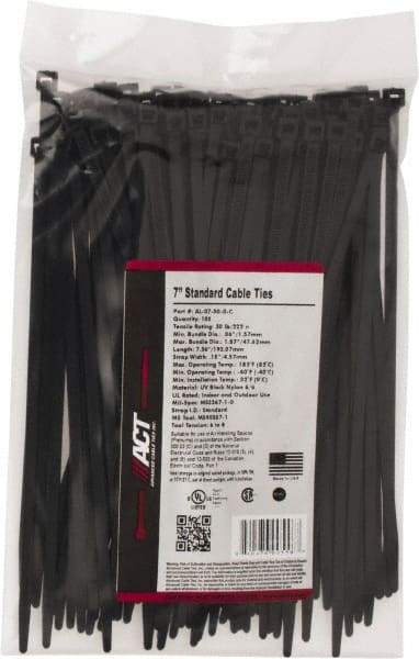 Made in USA - 7.562" Long Black Nylon Standard Cable Tie - 50 Lb Tensile Strength, 1.32mm Thick, 47.63mm Max Bundle Diam - Americas Industrial Supply