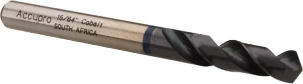 Accupro - 15/64" 120° Spiral Flute Cobalt Screw Machine Drill Bit - TiAlN Finish, Right Hand Cut, 28mm Flute Length, 66mm OAL, Faceted Point, Straight Shank - Americas Industrial Supply