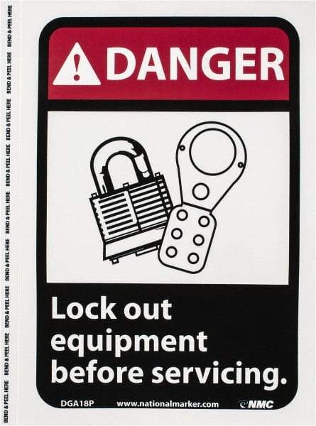 NMC - "Danger - Lock Out Equipment Before Servicing", 10" Long x 7" Wide, Pressure-Sensitive Vinyl Safety Sign - Rectangle, 0.004" Thick, Use for Accident Prevention - Americas Industrial Supply