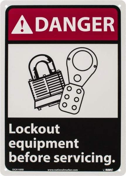 NMC - "Danger - Lock Out Equipment Before Servicing", 14" Long x 10" Wide, Rigid Plastic Safety Sign - Rectangle, 0.05" Thick, Use for Accident Prevention - Americas Industrial Supply