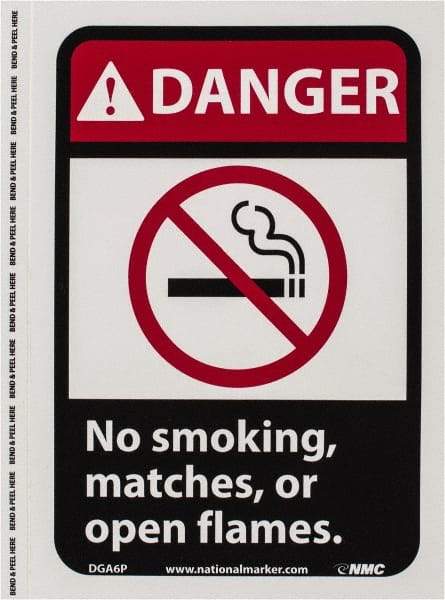 NMC - "Danger - No Smoking, Matches or Open Flames", 10" Long x 7" Wide, Pressure-Sensitive Vinyl Safety Sign - Rectangle, 0.004" Thick, Use for Accident Prevention - Americas Industrial Supply