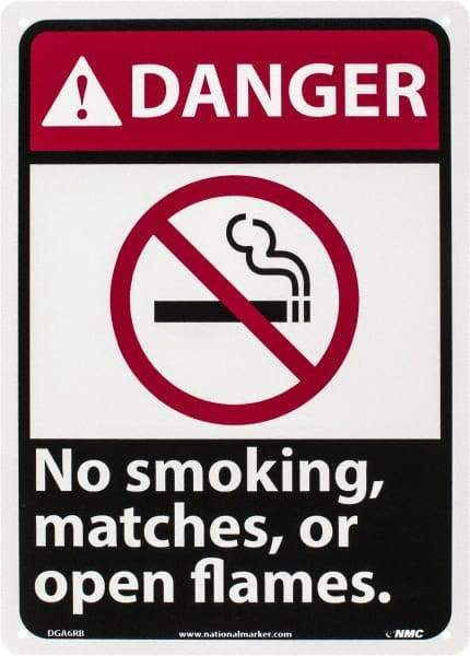 NMC - "Danger - No Smoking, Matches or Open Flames", 14" Long x 10" Wide, Rigid Plastic Safety Sign - Rectangle, 0.05" Thick, Use for Accident Prevention - Americas Industrial Supply