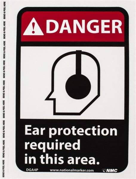 NMC - "Danger - Ear Protection Required in This Area", 10" Long x 7" Wide, Pressure-Sensitive Vinyl Safety Sign - Rectangle, 0.004" Thick, Use for Accident Prevention - Americas Industrial Supply