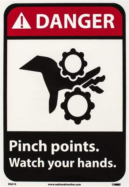 NMC - "Danger - Pinch Points - Watch Your Hands", 10" Long x 7" Wide, Pressure-Sensitive Vinyl Safety Sign - Rectangle, 0.004" Thick, Use for Accident Prevention - Americas Industrial Supply