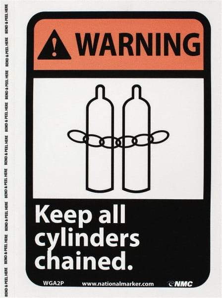 NMC - "Warning - Keep All Cylinders Chained", 10" Long x 7" Wide, Pressure-Sensitive Vinyl Safety Sign - Rectangle, 0.004" Thick, Use for Accident Prevention - Americas Industrial Supply