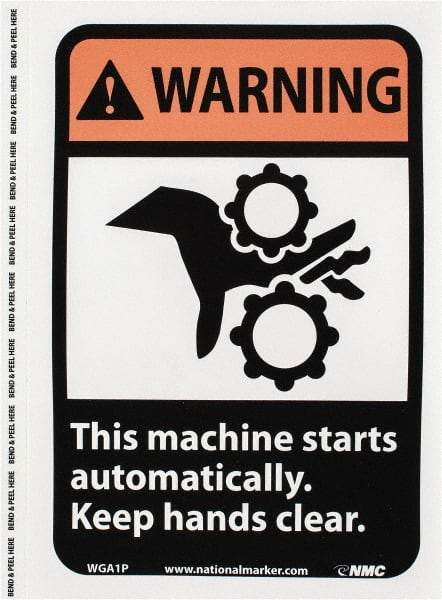 NMC - "Warning - This Machine Starts Automatically - Keep Hands Clear", 10" Long x 7" Wide, Pressure-Sensitive Vinyl Safety Sign - Rectangle, 0.004" Thick, Use for Accident Prevention - Americas Industrial Supply