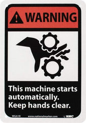 NMC - "Warning - This Machine Starts Automatically - Keep Hands Clear", 10" Long x 7" Wide, Rigid Plastic Safety Sign - Rectangle, 0.05" Thick, Use for Accident Prevention - Americas Industrial Supply