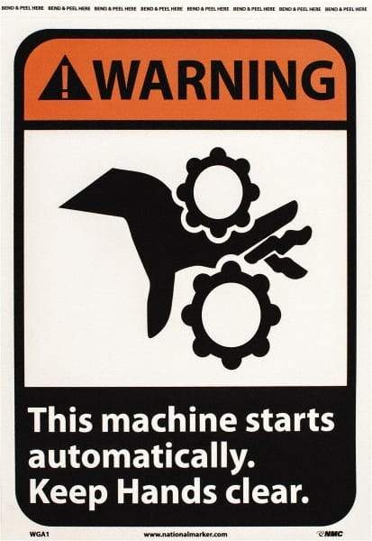 NMC - "Warning - This Machine Starts Automatically - Keep Hands Clear", 14" Long x 10" Wide, Pressure-Sensitive Vinyl Safety Sign - Rectangle, 0.004" Thick, Use for Accident Prevention - Americas Industrial Supply