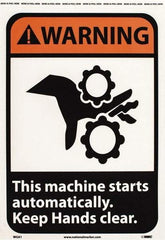 NMC - "Warning - This Machine Starts Automatically - Keep Hands Clear", 14" Long x 10" Wide, Pressure-Sensitive Vinyl Safety Sign - Rectangle, 0.004" Thick, Use for Accident Prevention - Americas Industrial Supply