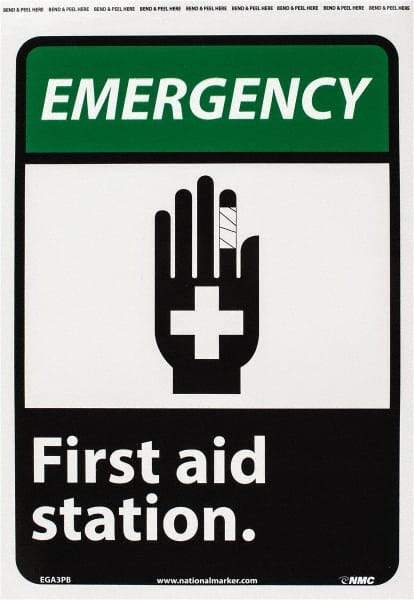 NMC - "Emergency - First Aid Station", 14" Long x 10" Wide, Pressure-Sensitive Vinyl Safety Sign - Rectangle, 0.004" Thick, Use for First Aid - Americas Industrial Supply