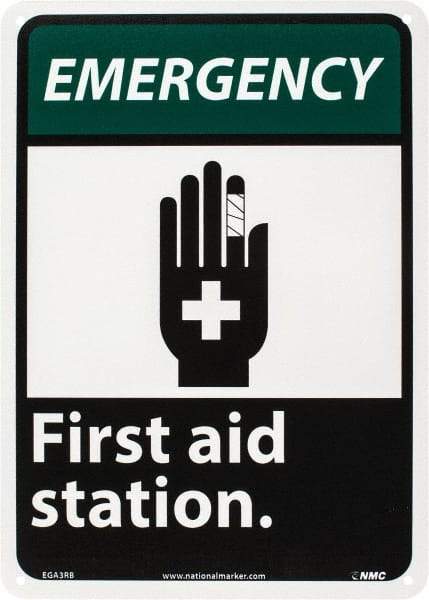 NMC - "Emergency - First Aid Station", 14" Long x 10" Wide, Rigid Plastic Safety Sign - Rectangle, 0.05" Thick, Use for First Aid - Americas Industrial Supply