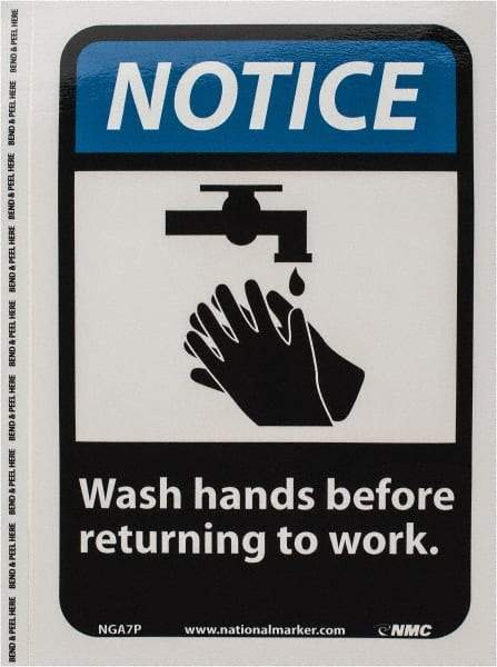 NMC - "Notice - Wash Hands Before Returning to Work", 10" Long x 7" Wide, Pressure-Sensitive Vinyl Safety Sign - Rectangle, 0.004" Thick, Use for Restroom, Janitorial & Housekeeping - Americas Industrial Supply