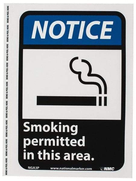 NMC - "Notice - Smoking Permitted in This Area", 10" Long x 7" Wide, Pressure-Sensitive Vinyl Safety Sign - Rectangle, 0.004" Thick, Use for Security & Admittance - Americas Industrial Supply