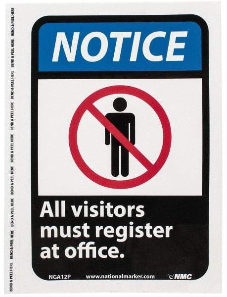 NMC - "Notice - All Visitors Must Register at Office", 10" Long x 7" Wide, Pressure-Sensitive Vinyl Safety Sign - Rectangle, 0.004" Thick, Use for Security & Admittance - Americas Industrial Supply