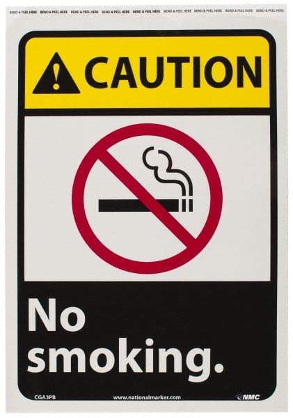 NMC - "Caution - No Smoking", 14" Long x 10" Wide, Pressure-Sensitive Vinyl Safety Sign - Rectangle, 0.004" Thick, Use for Accident Prevention - Americas Industrial Supply