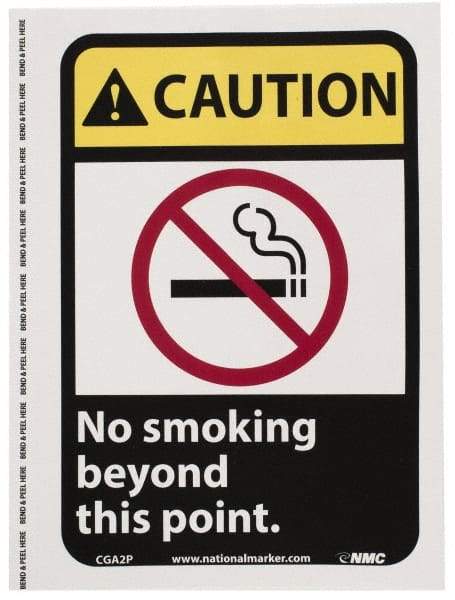 NMC - "Caution - No Smoking Beyond This Point", 10" Long x 7" Wide, Pressure-Sensitive Vinyl Safety Sign - Rectangle, 0.004" Thick, Use for Accident Prevention - Americas Industrial Supply