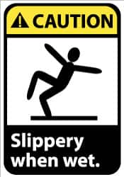 NMC - "Caution - Slippery When Wet", 10" Long x 7" Wide, Pressure-Sensitive Vinyl Safety Sign - Rectangle, 0.004" Thick, Use for Accident Prevention - Americas Industrial Supply