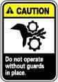 NMC - "Caution - Do Not Operate without Guards in Place", 10" Long x 7" Wide, Pressure-Sensitive Vinyl Safety Sign - Rectangle, 0.004" Thick, Use for Accident Prevention - Americas Industrial Supply