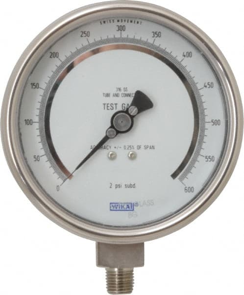 Wika - 4" Dial, 1/4 Thread, 0-600 Scale Range, Pressure Gauge - Lower Connection Mount, Accurate to 0.25% of Scale - Americas Industrial Supply