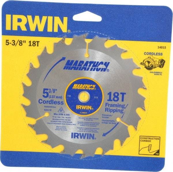 Irwin - 5-3/8" Diam, 10mm Arbor Hole Diam, 18 Tooth Wet & Dry Cut Saw Blade - Carbide-Tipped, Framing & Ripping Action, Standard Round Arbor - Americas Industrial Supply