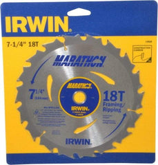 Irwin - 7-1/4" Diam, 5/8" Arbor Hole Diam, 18 Tooth Wet & Dry Cut Saw Blade - Carbide-Tipped, Framing & Ripping Action, Diamond Arbor - Americas Industrial Supply