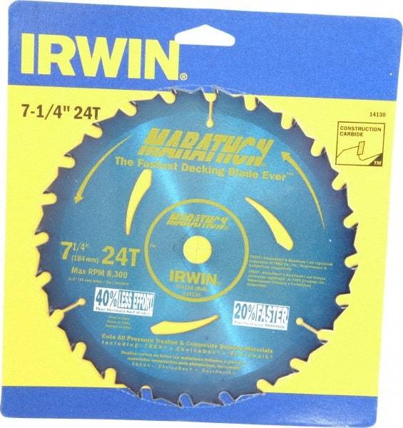 Irwin - 7-1/4" Diam, 5/8" Arbor Hole Diam, 24 Tooth Wet & Dry Cut Saw Blade - Carbide-Tipped, General Purpose Action, Diamond Arbor - Americas Industrial Supply