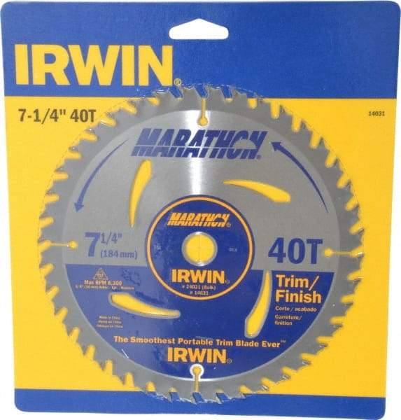 Irwin - 7-1/4" Diam, 5/8" Arbor Hole Diam, 40 Tooth Wet & Dry Cut Saw Blade - Carbide-Tipped, Finishing & Trimming Action, Diamond Arbor - Americas Industrial Supply