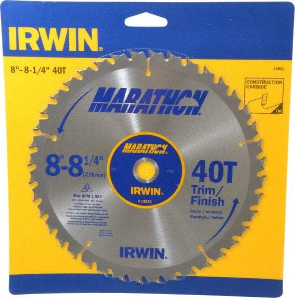 Irwin - 8-1/4" Diam, 5/8" Arbor Hole Diam, 40 Tooth Wet & Dry Cut Saw Blade - Carbide-Tipped, Finishing & Trimming Action, Diamond Arbor - Americas Industrial Supply