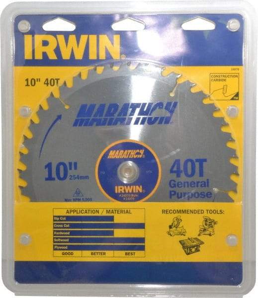 Irwin - 10" Diam, 5/8" Arbor Hole Diam, 40 Tooth Wet & Dry Cut Saw Blade - Carbide-Tipped, General Purpose Action, Standard Round Arbor - Americas Industrial Supply