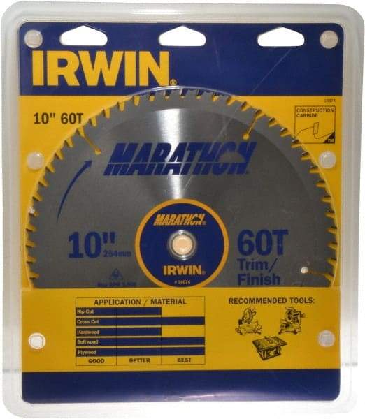 Irwin - 10" Diam, 5/8" Arbor Hole Diam, 60 Tooth Wet & Dry Cut Saw Blade - Carbide-Tipped, Finishing & Trimming Action, Standard Round Arbor - Americas Industrial Supply