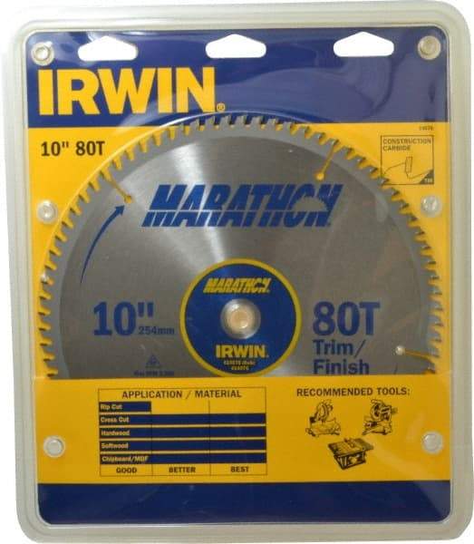 Irwin - 10" Diam, 5/8" Arbor Hole Diam, 80 Tooth Wet & Dry Cut Saw Blade - Carbide-Tipped, Finishing & Trimming Action, Standard Round Arbor - Americas Industrial Supply