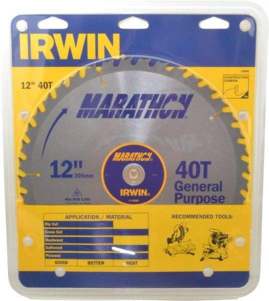 Irwin - 12" Diam, 1" Arbor Hole Diam, 40 Tooth Wet & Dry Cut Saw Blade - Carbide-Tipped, General Purpose Action, Standard Round Arbor - Americas Industrial Supply