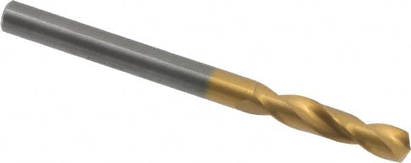 Guhring - 4.89966mm 140° Spiral Flute Solid Carbide Screw Machine Drill Bit - TiN Finish, Right Hand Cut, 26mm Flute Length, 62mm OAL, SU Point, Straight Shank - Americas Industrial Supply