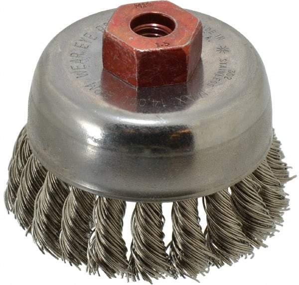 Anderson - 2-3/4" Diam, M10x1.50 Threaded Arbor, Stainless Steel Fill Cup Brush - 0.02 Wire Diam, 3/4" Trim Length, 14,000 Max RPM - Americas Industrial Supply