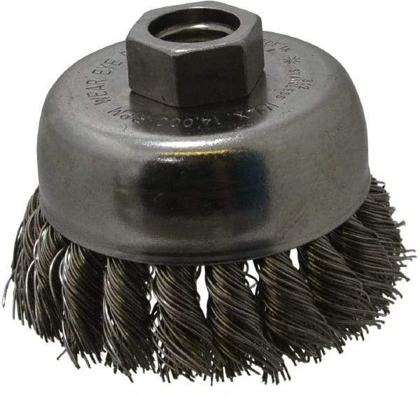 Anderson - 2-3/4" Diam, 5/8-11 Threaded Arbor, Stainless Steel Fill Cup Brush - 0.02 Wire Diam, 3/4" Trim Length, 14,000 Max RPM - Americas Industrial Supply