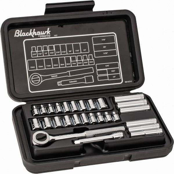 Blackhawk by Proto - 27 Piece 1/4" Drive Deep Well Socket Set - 6, 12 Points, 3/16" to 1/2" (4mm to 13mm) Range, Inch/Metric Measurement Standard - Americas Industrial Supply