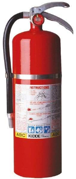 Kidde - 10 Lb, 4-A:80-B:C Rated, Dry Chemical Fire Extinguisher - 5-1/4" Diam x 19.13" High, 195 psi, 20' Discharge in 22 sec, Rechargeable, Steel Cylinder - Americas Industrial Supply