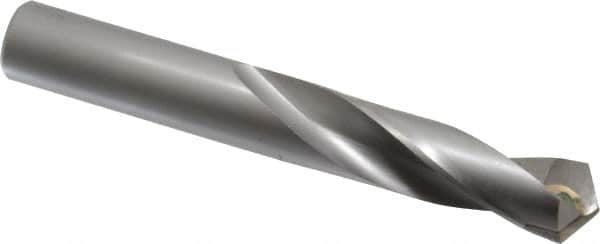 Made in USA - 14mm 118° Spiral Flute Carbide-Tipped Screw Machine Drill Bit - Bright Finish, Right Hand Cut, 2-33/64" Flute Length, 4-1/64" OAL, Standard Point, Straight Shank - Americas Industrial Supply