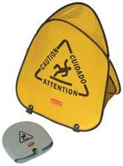 Rubbermaid - Caution, 18-3/8" Wide x 20" High, Spring Steel and Durable Cleanable Fabric Floor Sign - English/French/Spanish, A-Frame, Black on Yellow, For Accident Prevention - Americas Industrial Supply