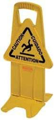 Rubbermaid - Caution, 13" Wide x 26" High, Plastic Floor Sign - English/French/Spanish, A-Frame, Black on Yellow, For Accident Prevention - Americas Industrial Supply