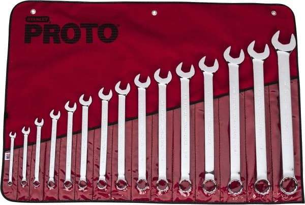 Proto - 15 Piece, 5/16" to 1-1/4", 12 Point Combination Wrench Set - Inch Measurement Standard, Full Polish Finish, Comes in Vinyl Roll - Americas Industrial Supply