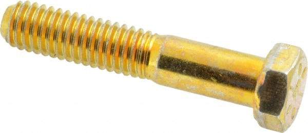 Made in USA - 3/8-16 UNC, 2" Length Under Head Hex Head Cap Screw - Partially Threaded, Grade 8 Alloy Steel, Zinc Yellow Dichromate Finish, 9/16" Hex - Americas Industrial Supply
