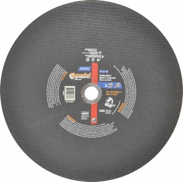 Norton - 14" Aluminum Oxide Cutoff Wheel - 3/32" Thick, 1" Arbor, 4,365 Max RPM, Use with Stationary Tools - Americas Industrial Supply
